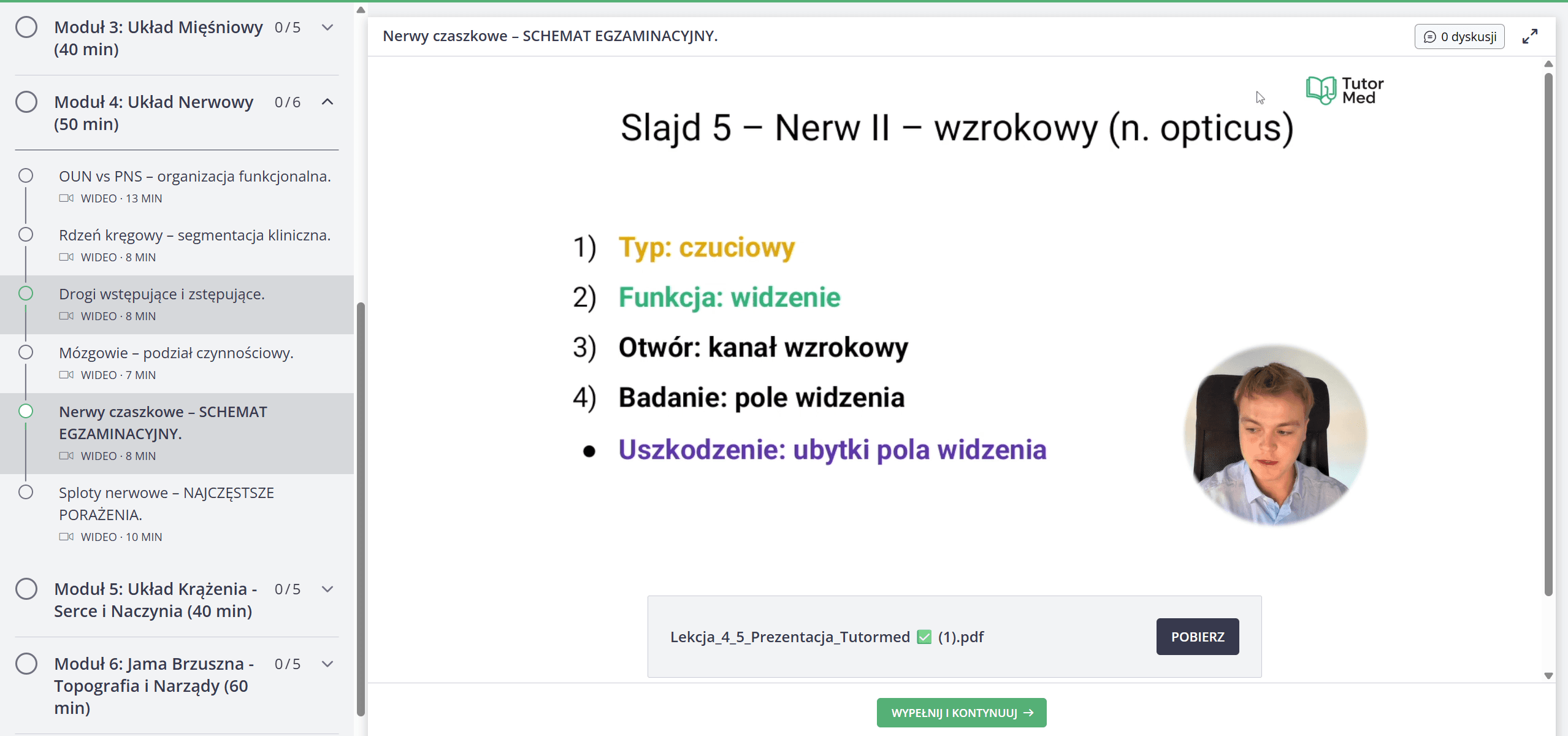 Widok lekcji na platformie kursu anatomii MedCore Academy